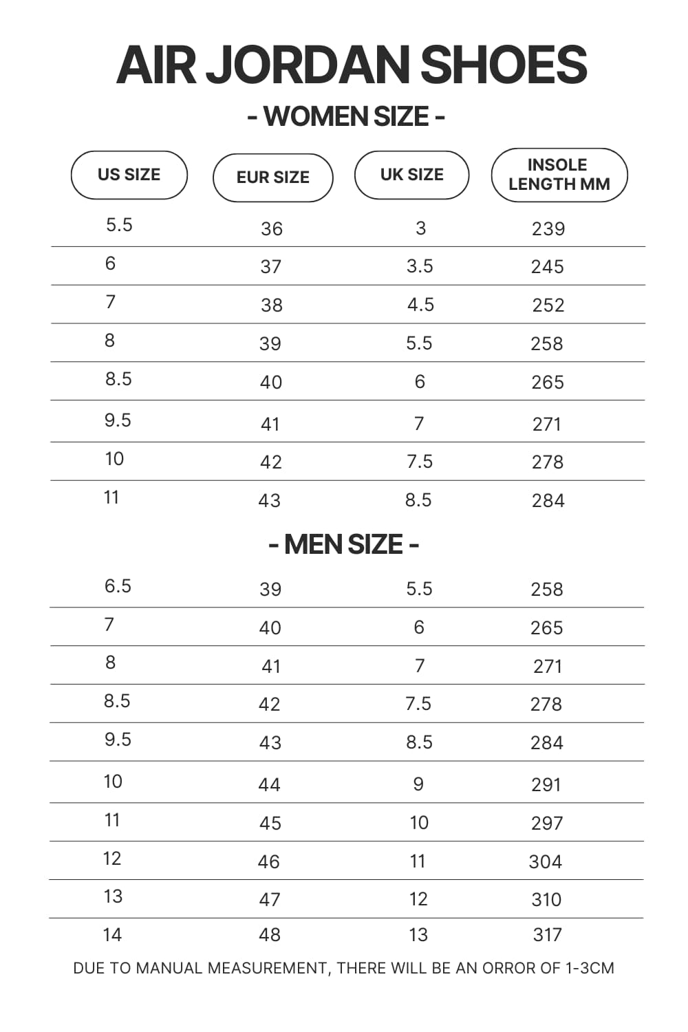 Air Jordan Shoes Size Chart 2 - Jujutsu Kaisen Store